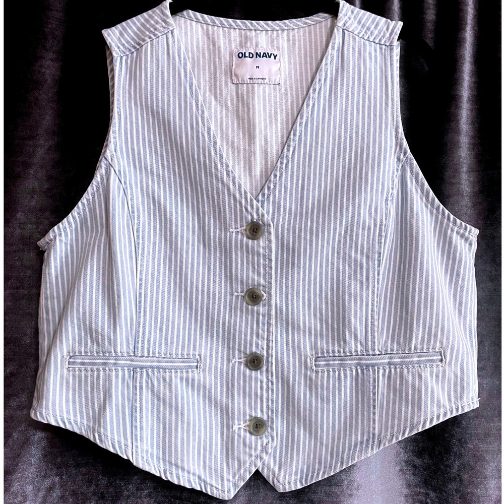 Old Navy Railroad Stripe Button Front Vest 100% Cotton Women's Medium - Picture 1 of 9